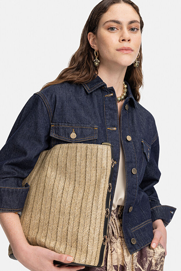 DERİ DETAYLI HASIR KOL ÇANTASI - 5