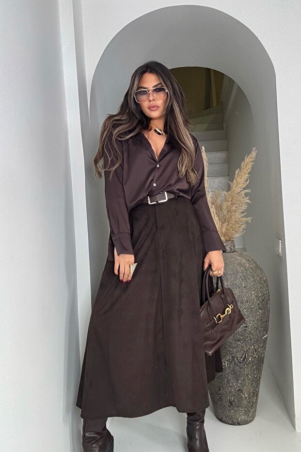 Süet Görünümlü Kemerli Midi Etek Acı Kahve - 2