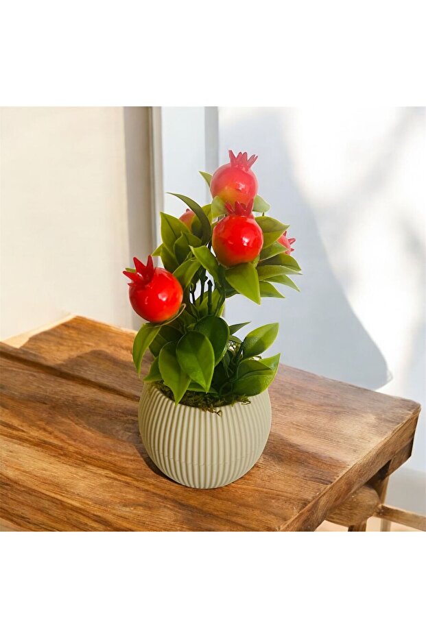 Artificial Flower Fruit Bunch Tree with Stone Moss in Mini Beige Pot