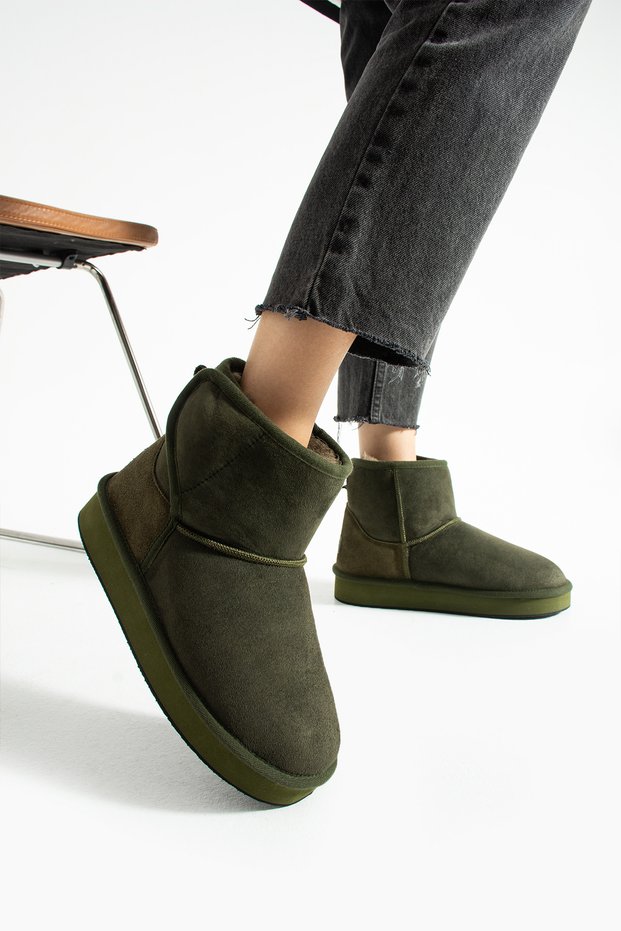 Khaki Suede Fur Lined Winter Women's Boots – Suede Long Boots, Women's Winter Shoes, Fur Lined Women's Boots