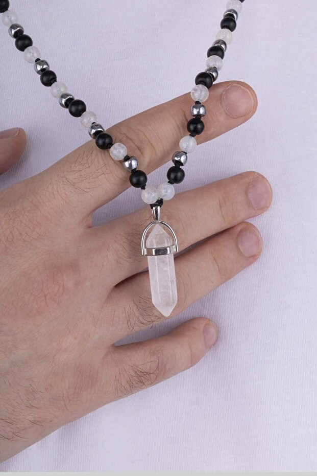 Onyx and Tibetan Agate Stones Natural Stone Men's Necklace