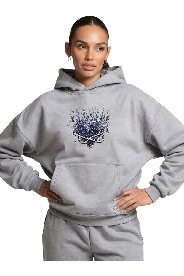 Unisex Blue Heart Colorful Custom Printed Cotton Oversize Hooded Sweatshirt