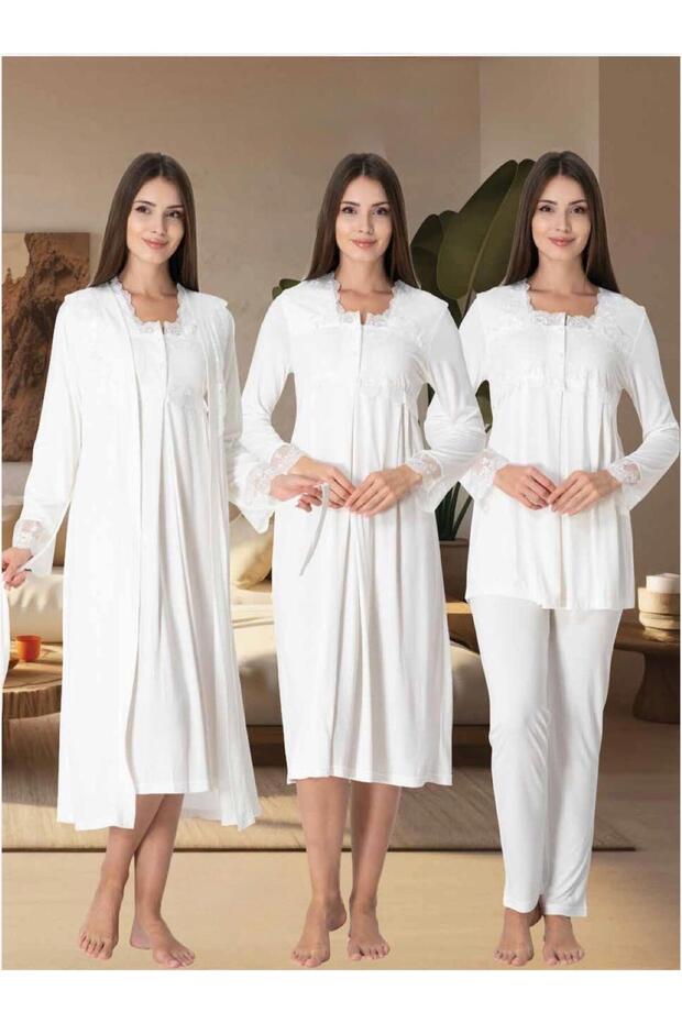 Women's Ecru Special Design Lace Cotton Maternity Pajama Set Nightgown Set