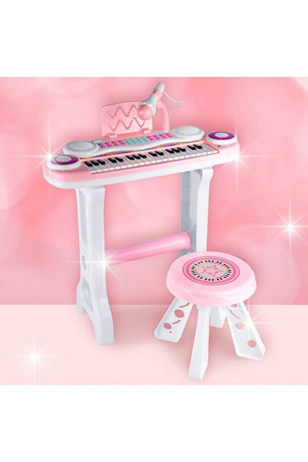 Children's Set Keyboard, Mp3 Function, with Microphone and Chair, 37 Keys, Pink Color - 4