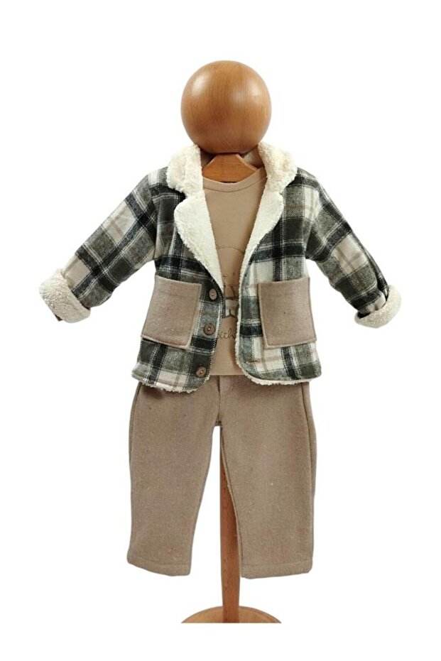 Plaid Green Jacket, Sweatshirt and Pants 3-Piece Baby Boy Bottom-Top Set