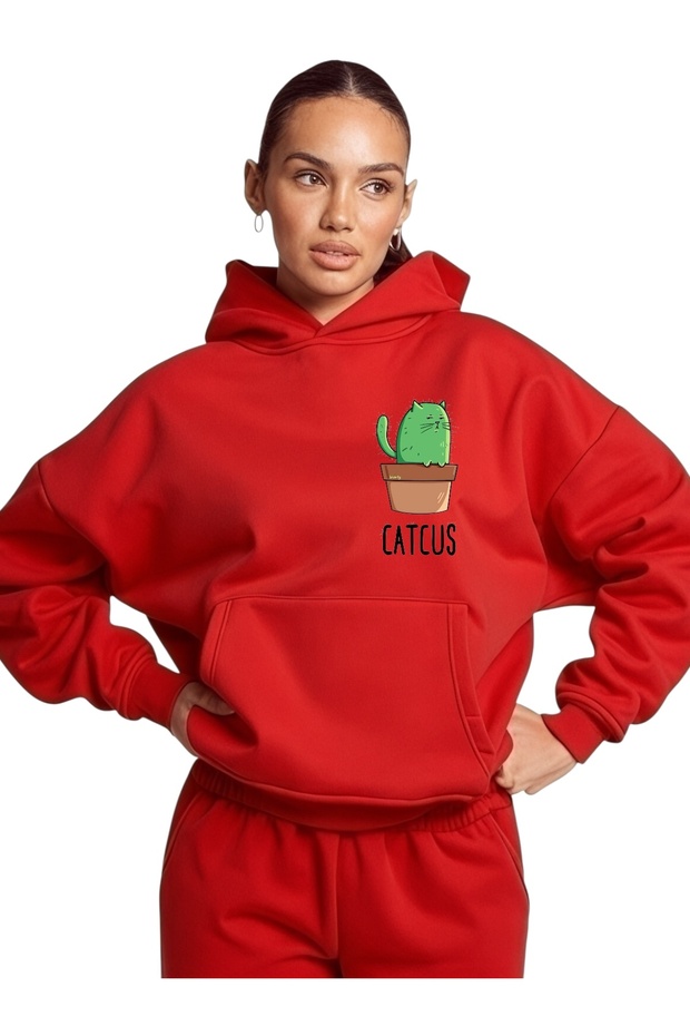 Unisex Catcus Colorful Custom Printed Cotton Oversize Hooded Sweatshirt