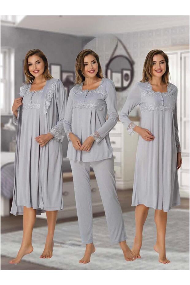 Women's Gray Special Design Lace Cotton Maternity Pajama Set Nightgown Set (Effortt)