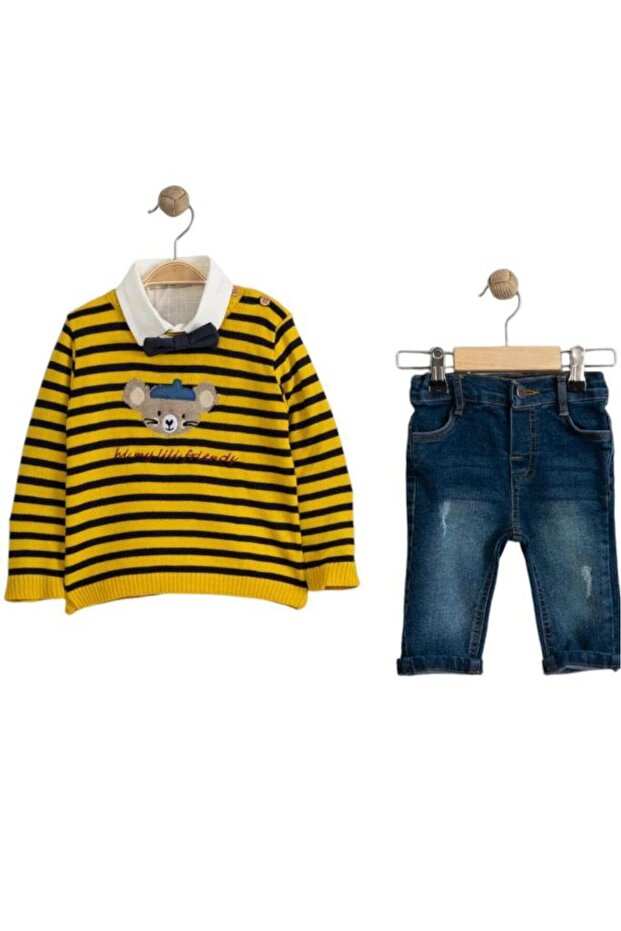 Yellow Mouse Figured Sweater, Bow Tie, Shirt and Jeans Bottom - Top 4-Piece Boys' Set