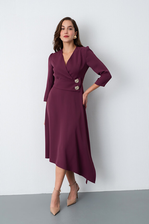 Kadın Mürdüm Kemer Detay Saten Davet Elbisesi - 3