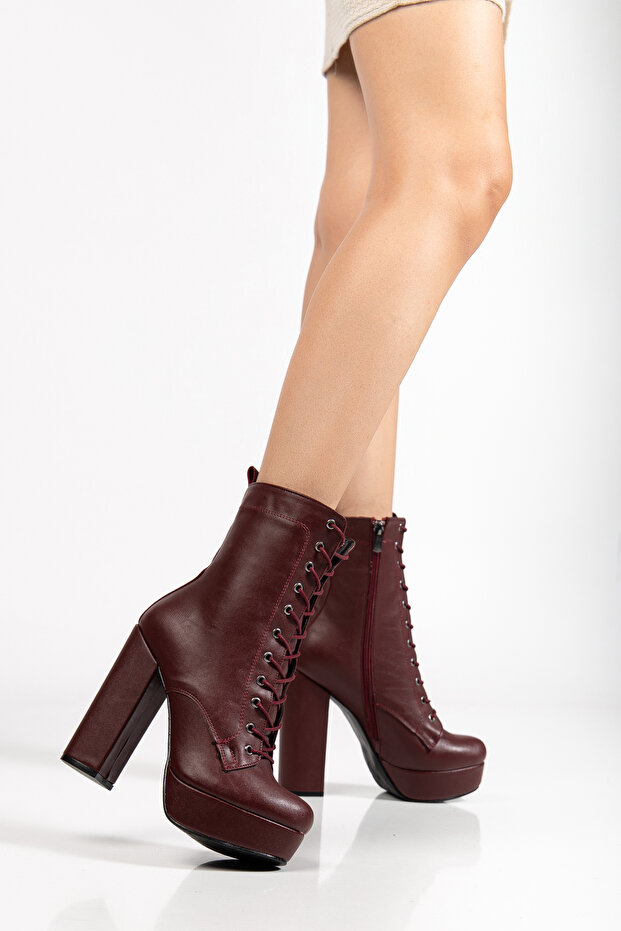 Ayakkabı Kadın Platform Kalın Topuklu Bordo Bağcıklı Bot - 2