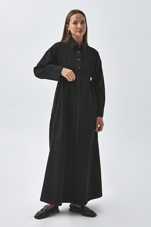 Oversize Denim Elbise Siyah - 8
