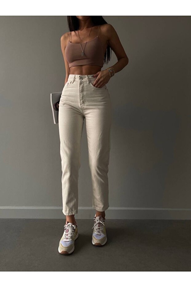 NS-48088 Cream Mom Jeans High-Waist Slim-Fit Denim Pants