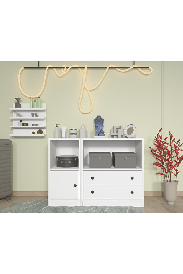 Modüler Takı & Aksesuar Dolabı Seti 2 çekmece kapaklı, 40 cm duvar rafı dâhil,Beyaz-PNR-TADLP-1003 - 1