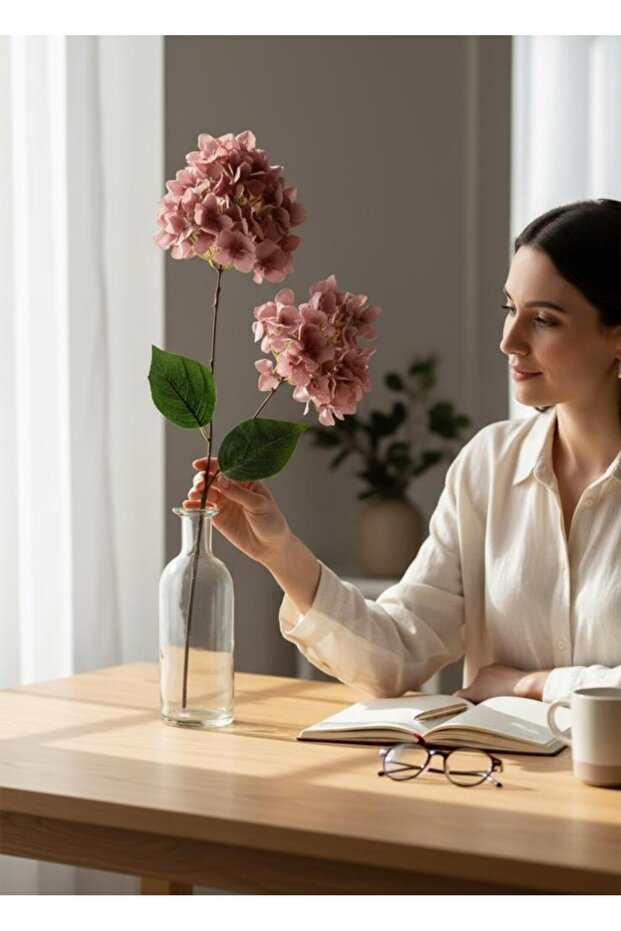 Yapay Çiçek Ortanca 90cm 2Toplu Gülkurusu Koyu Tek Dal Kumaş Çiçek Uzun Dal - 4