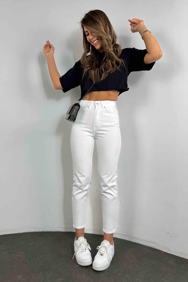 A120146 High Waist Women's Mom Jean White Jeans Skinny Leg Denim Pants