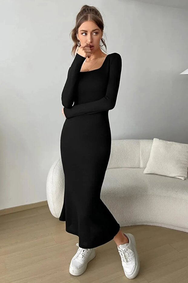 Rochie neagră decolteu pătrat cu mânecă lungă material elastic Maxi lungă - 4