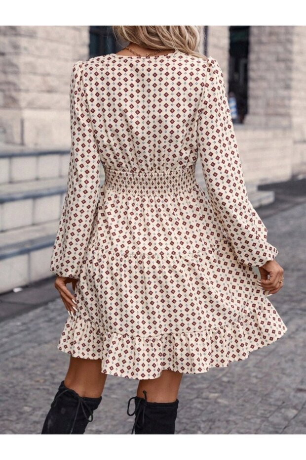 Women's Long Sleeve Double Breasted Neckline Patterned Mini Modal Dress