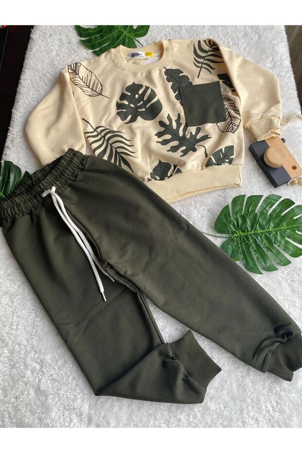 Boy's Beige-Green Leaf Patterned Double Suit - 2