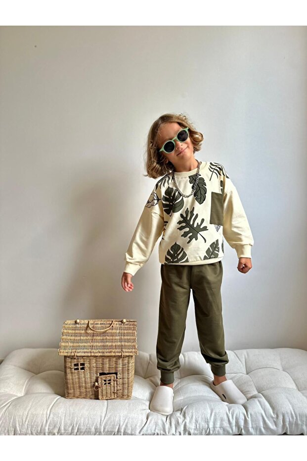 Boy's Beige-Green Leaf Patterned Double Suit - 1