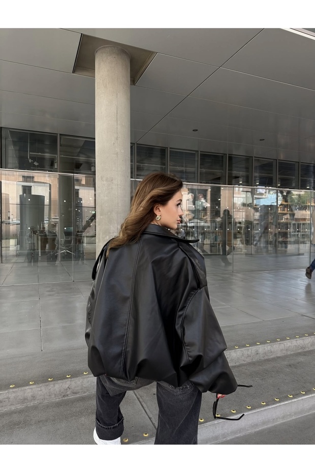 Oversize Bomber Deri Ceket - 4