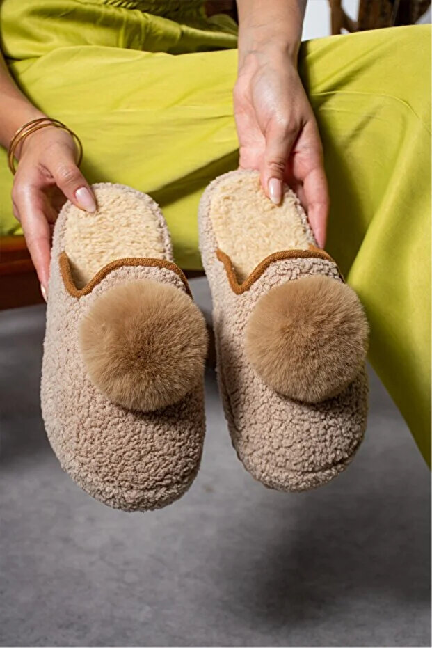 Women's Pompom Patterned Postpartum Non-Slip Lightweight Sole House Slippers Furry Slippers Dowry Bundle