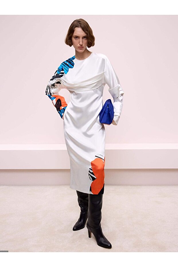 Desenli Ekru Elbise - 4