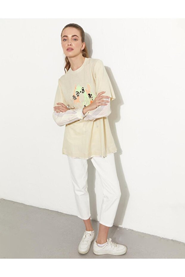 Baskılı Katmanlı Sweat-Krem - 4