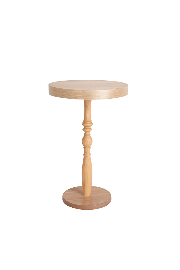 A round side table with an elegant wooden design and a carved base adds a warm and classic touch to the decor. - 3