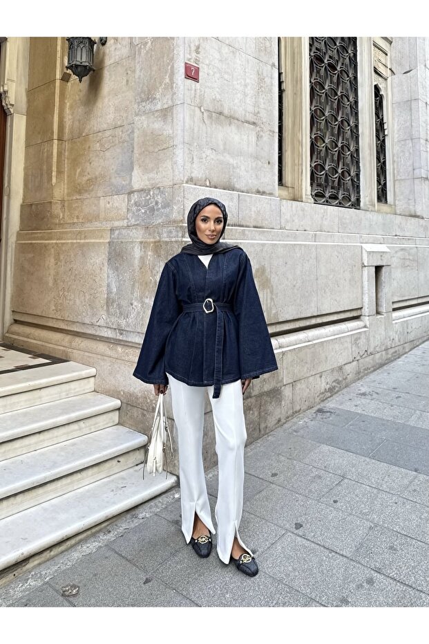 Kemerli Oversize Denim Ceket - 5