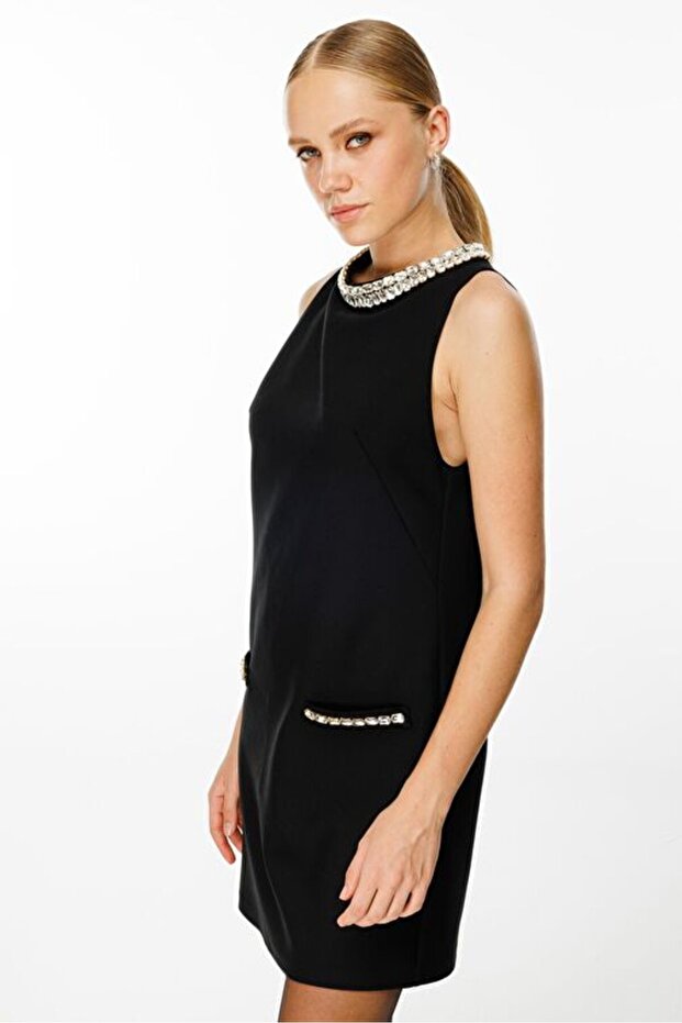 Yakası Taş İşlemeli Mini Elbise SİYAH - 7