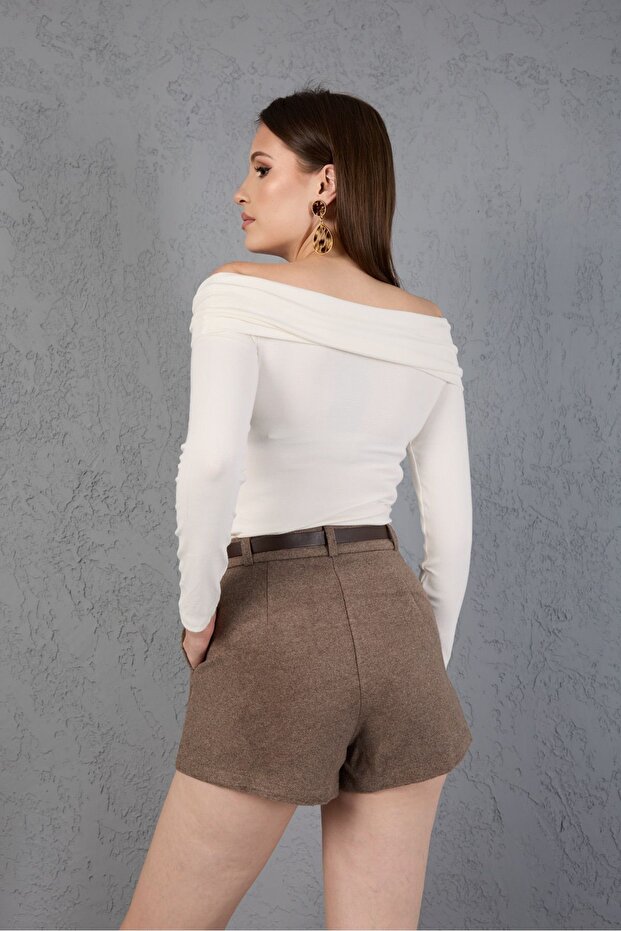 Kemerli Kaşe Mini Şort - 3