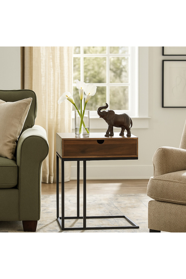 Side table with drawer and metal base in a stylish modern design. - 3