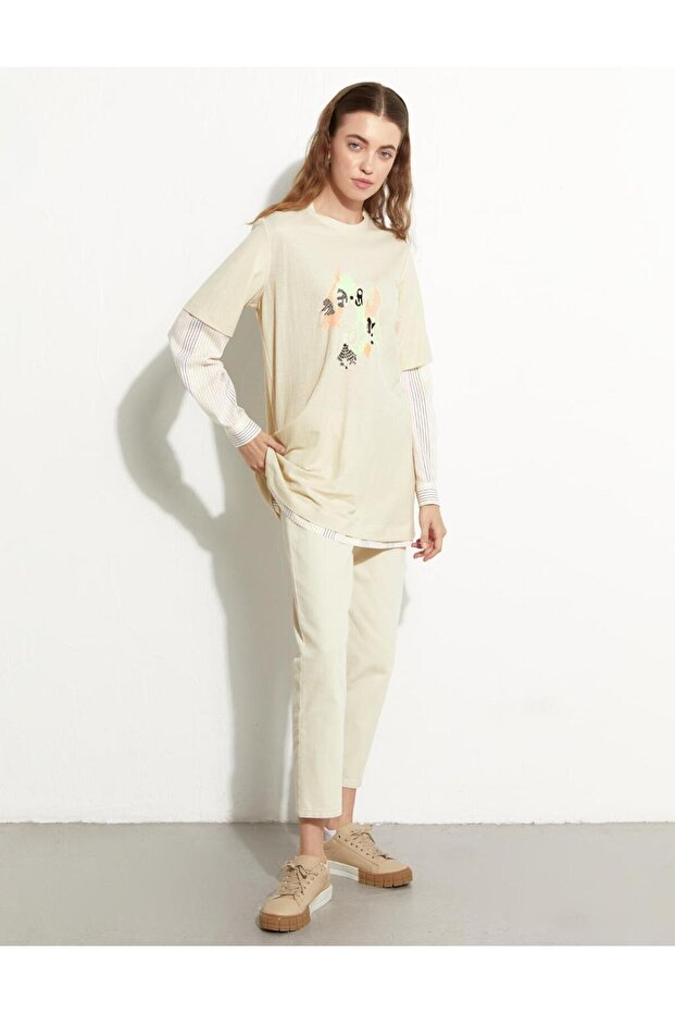 Baskılı Katmanlı Sweat-Krem - 5