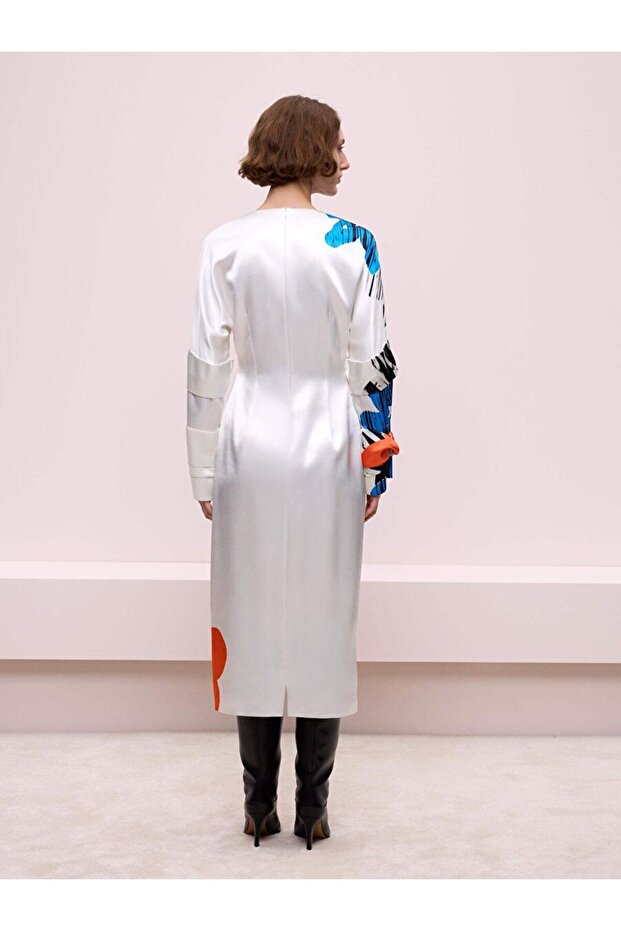 Desenli Ekru Elbise - 6