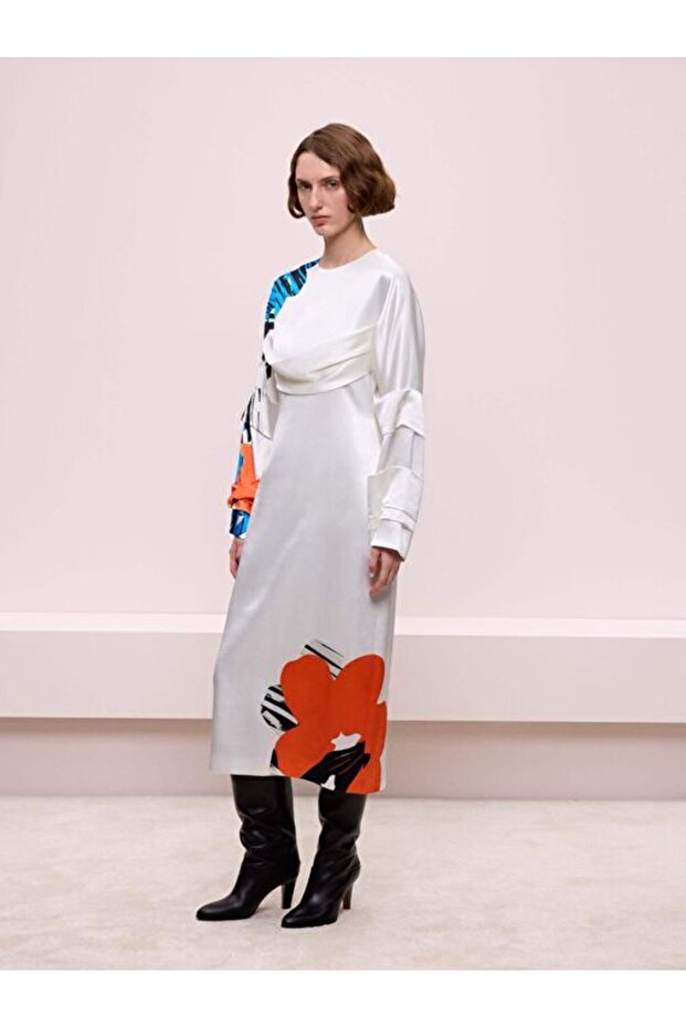 Desenli Ekru Elbise - 2