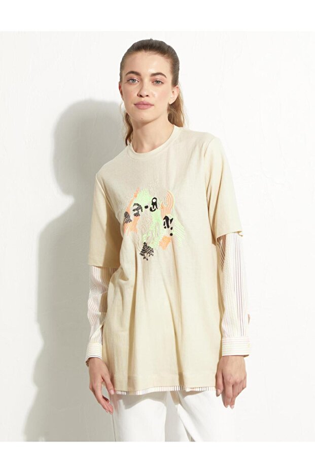 Baskılı Katmanlı Sweat-Krem - 3