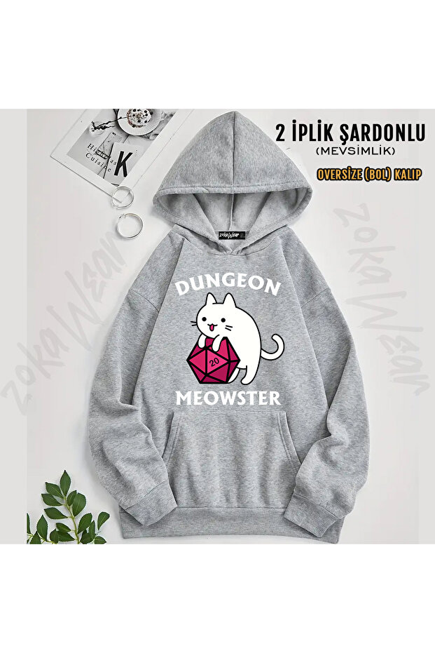 سترة بقلنسوة مطبوعة بتصميم Dungeon Meowster Dnd Dungeon Master Cat مع D20 (خيطان)