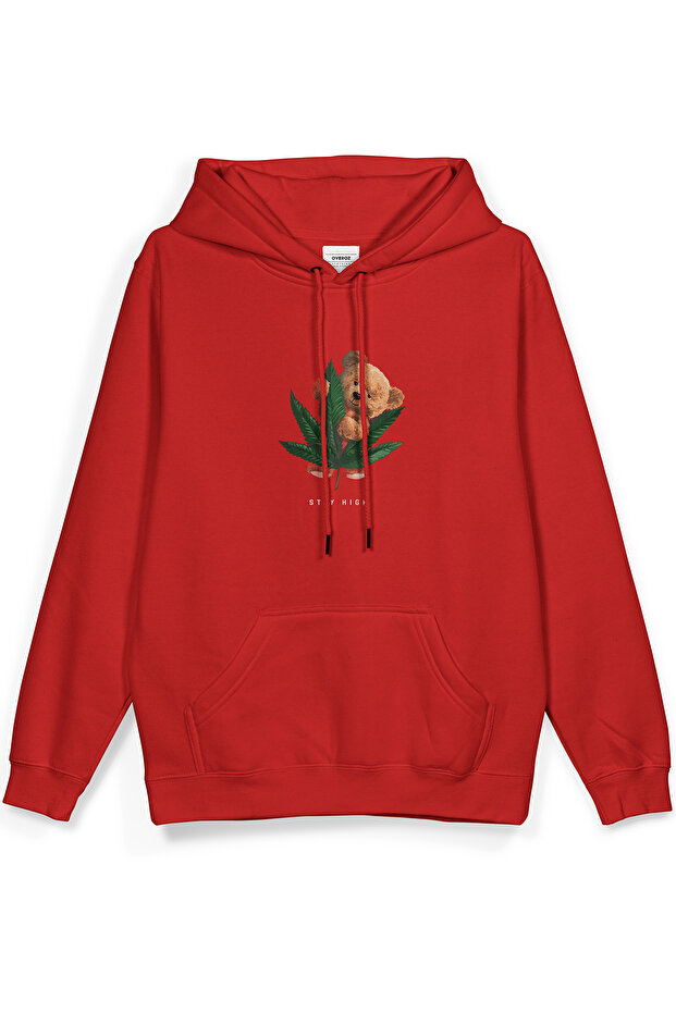 Teddy Bear Stay High Printed Hooded Yarı Oversized Sweatshirt Red Hoodie 1069