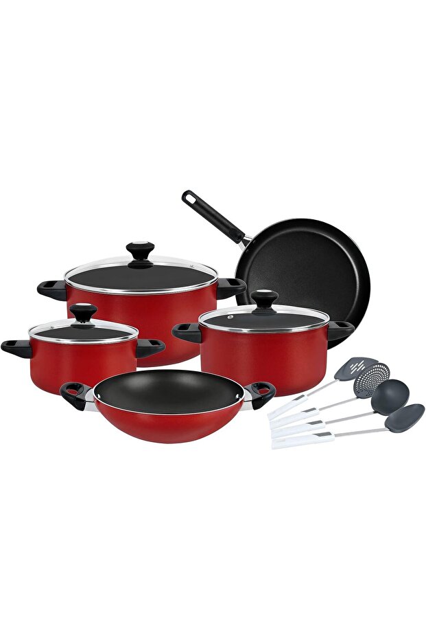 Classique Non-Stick Cookware Set | Aluminium Pots and Pans Set, Red, 12 Piece