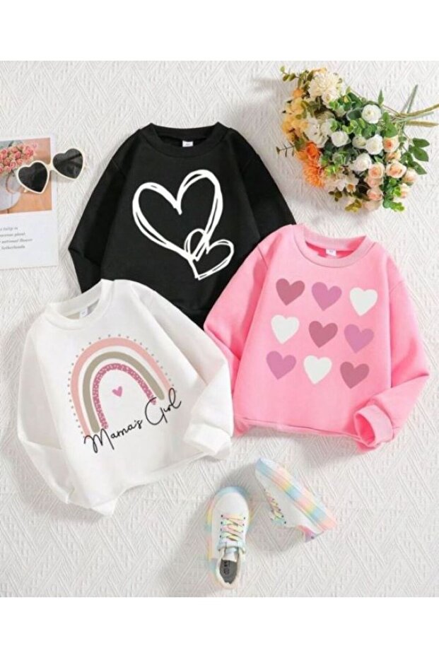 3-Piece Children's Sweatshirt Set White Rainbow, Pink 9 Hearts, Black 2 Hearts