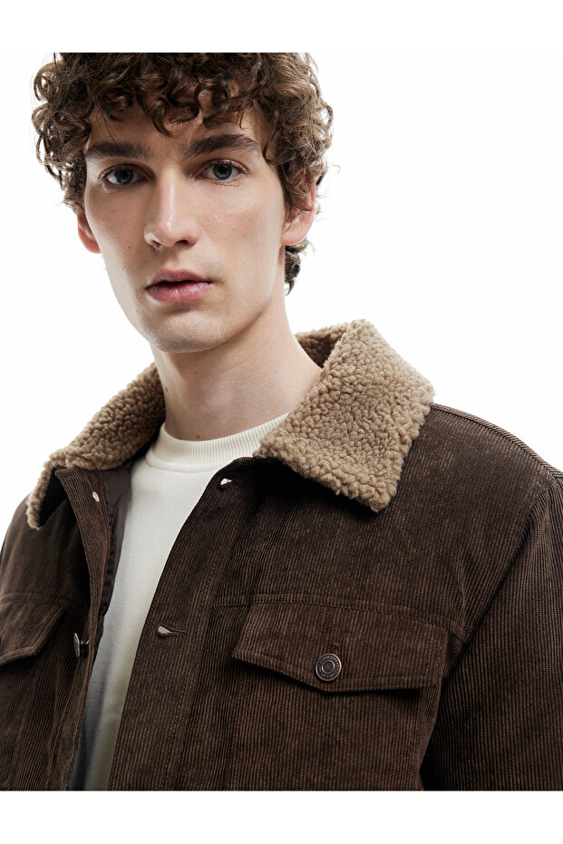 Slim Fit Plush Collar Corded Fabric Velvet Winter Coat