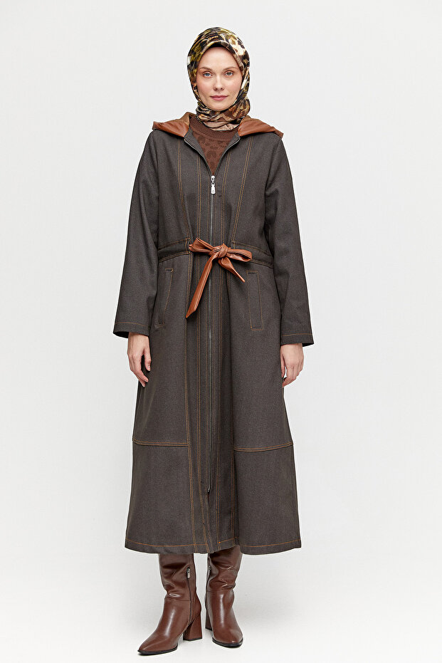 Deri Detaylı Kapüşonlu Pardösü - 1