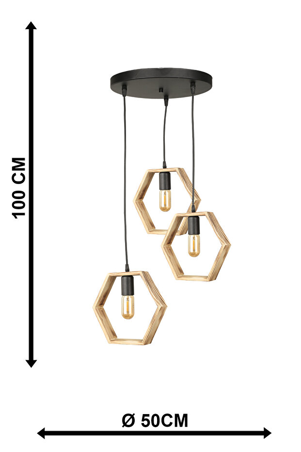 Altıgen 3.Lü Ahşap Avize - 4