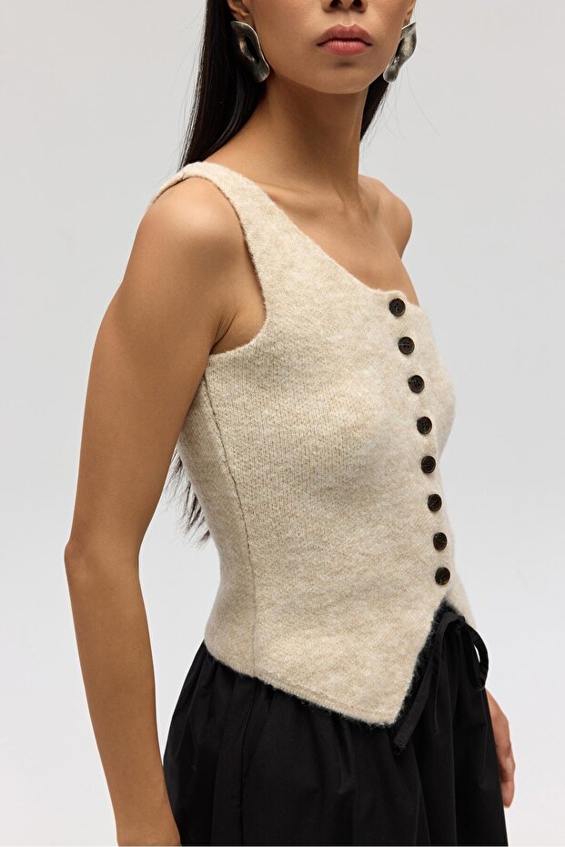 Elvar Tek Omuz Bej Triko Crop - 3