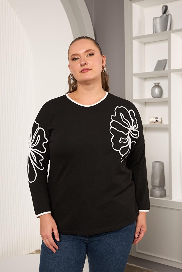 Striped Floral Pattern Plus Size Blouse Black