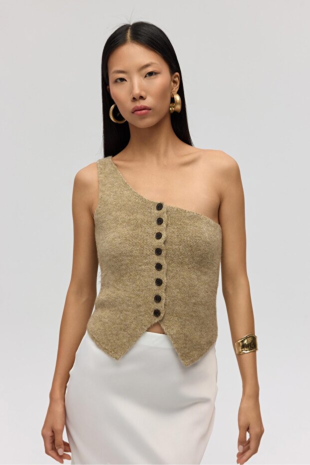 Elvar Tek Omuz Vizon Triko Crop - 1