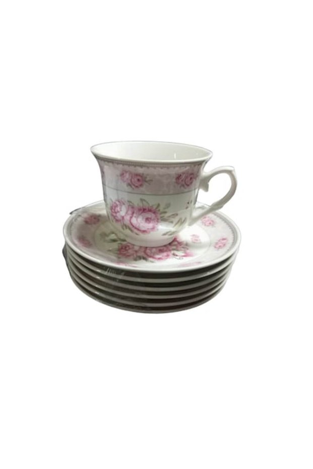 Set 6 ceramic cups with saucers, floral rose pattern