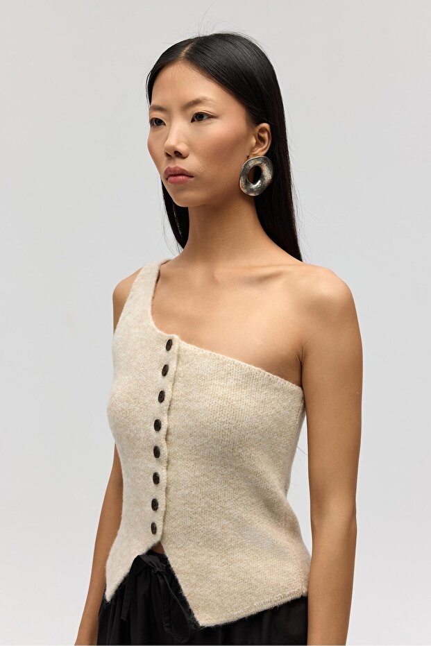 Elvar Tek Omuz Bej Triko Crop - 4