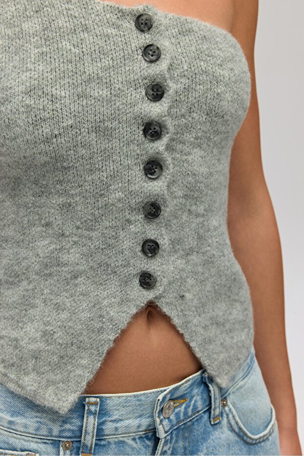 Elvar Tek Omuz Gri Triko Crop - 8