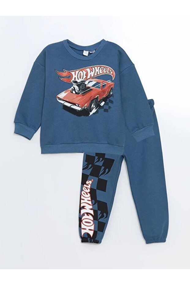 Lcw Kids Blue Hot Wheels Printed Boys' Sweatshirt and Sweatpants Set'2-Piece'